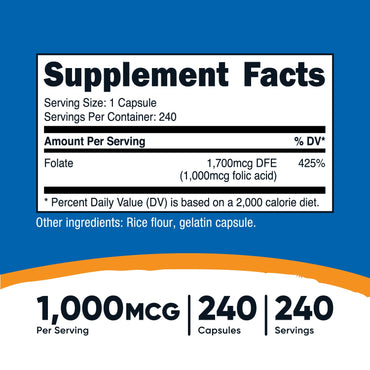 Nutricost Folic Acid (Vitamin B9) Capsules - Nutricost